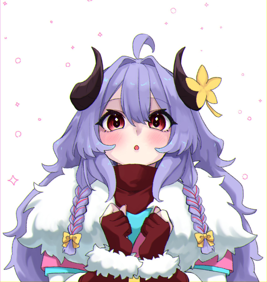 1girl :o ahoge black_horns blush bow braid flower fur-trimmed_kimono fur_trim hair_bow hair_intakes highres horn_flower horns japanese_clothes kimono kindred_(league_of_legends) lamb_(league_of_legends) league_of_legends long_sleeves red_eyes ri_~yoku simple_background spirit_blossom_kindred twin_braids twintails upper_body white_background yellow_bow yellow_flower