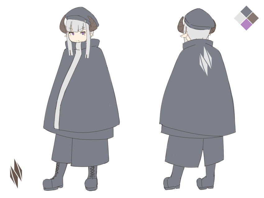 &gt;:( 1girl beret black_cloak black_coat black_footwear black_headwear boots cloak closed_mouth coat color_guide cross-laced_footwear frown grey_hair hat highres horns kuro_kosyou lace-up_boots long_hair multiple_views original pointy_ears standing turnaround v-shaped_eyebrows violet_eyes