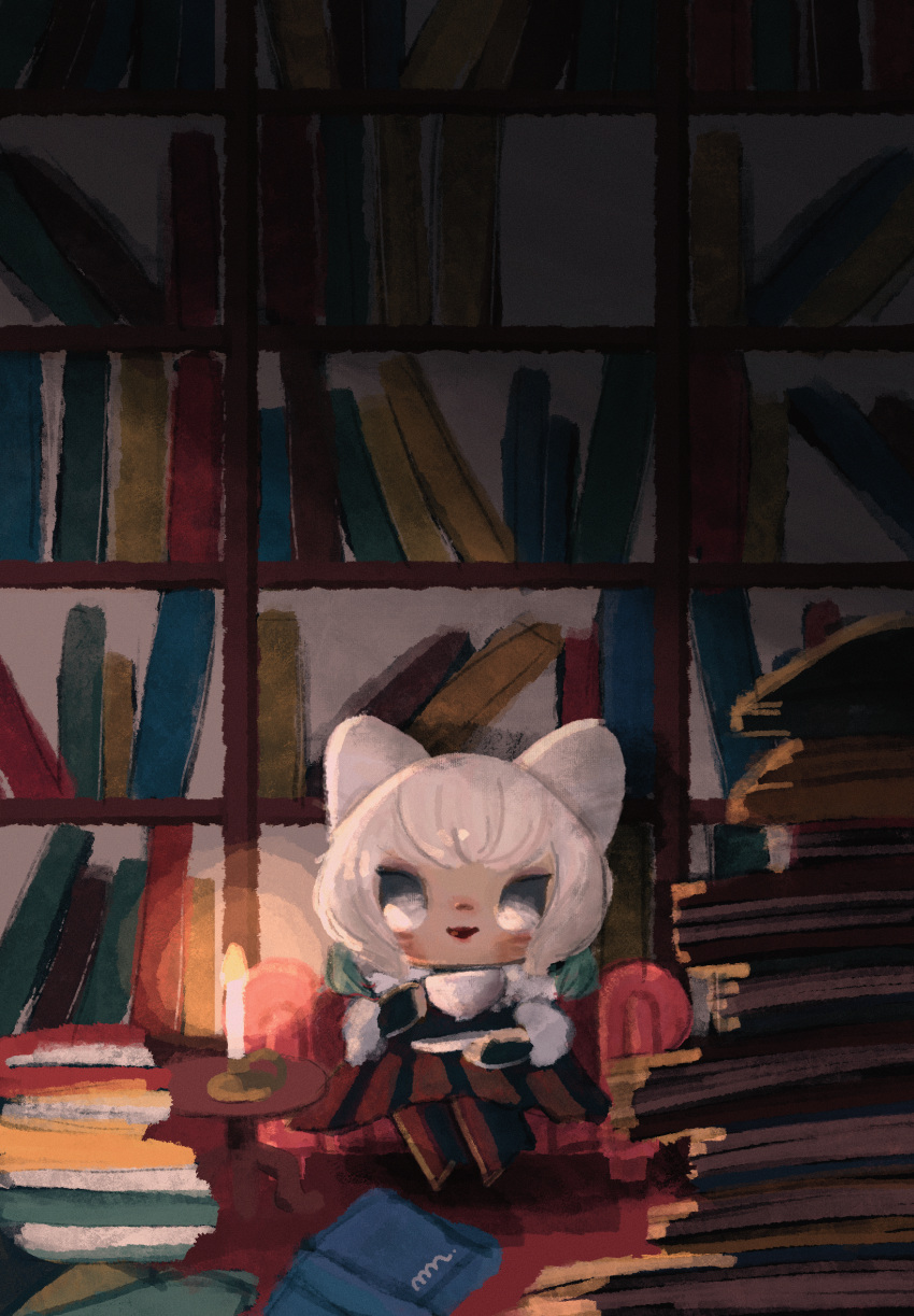 1girl animal_ears armchair blue_eyes bookshelf brown_skirt candlelight candlestand cat_ears chair chibi cup dim_lighting final_fantasy final_fantasy_xiv full_body highres holding holding_cup indoors lipstick looking_at_viewer makeup memecry pile_of_books pleated_skirt sitting skirt smile solo teacup white_hair y'shtola_rhul