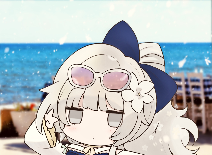 1girl azur_lane blue_bow bow chibi chibi_only commentary_request eyewear_on_head flower futaba_(anti_clockwise) grey_eyes hair_bow hair_flower hair_ornament long_hair long_sleeves looking_at_viewer official_alternate_costume pink-tinted_eyewear solo tinted_eyewear vittorio_veneto_(azur_lane) vittorio_veneto_(the_flower_of_la_spezia)_(azur_lane) white_flower
