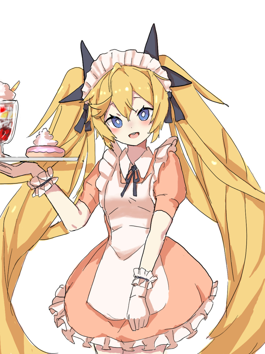 1girl alternate_costume apron blonde_hair blush clear_(djmax) cowboy_shot dessert djmax djmax_respect doughnut dress enmaided food gloves hair_ornament hand_up highres holding holding_tray looking_at_viewer maid maid_apron maid_headdress open_mouth orange_dress parfait short_sleeves simple_background smile solo tray upper_body uranium10 whipped_cream white_apron white_background white_gloves