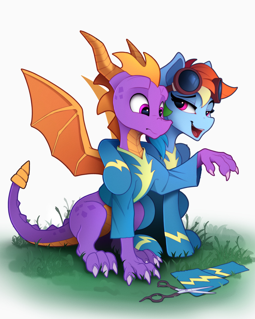 1boy 1girl animal arm_around_shoulder blue_fur blue_shirt clothed_animal colored_skin crossover dragon_tail dragon_wings goggles goggles_on_head grass highres looking_at_another multicolored_hair my_little_pony my_little_pony:_friendship_is_magic no_humans on_grass open_mouth pegasus purple_skin rainbow_dash rainbow_hair scissors shirt spyro_(series) spyro_the_dragon tail violet_eyes wings yakovlev-vad