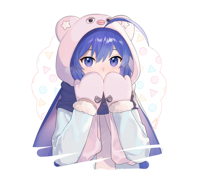 1girl ahoge animal_hood bear_hood blue_eyes blue_hair covered_mouth cropped_torso eel_hat hands_up highres hood long_hair long_sleeves looking_at_viewer mittens otomachi_una pink_hood pink_mittens sidelocks solo star_(symbol) star_print stuffed_animal stuffed_toy suiso_sn3 teddy_bear vocaloid white_background winter_clothes