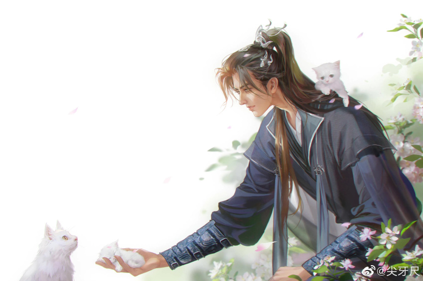 1boy absurdres animal animal_on_shoulder bent_over blue_hanfu bracer brown_hair cat chinese_clothes collared_shirt erha_he_tadebai_mao_shizun flower hair_ornament hanfu high_ponytail highres holding holding_animal jianya_chi kitten long_hair looking_at_animal mo_ran multiple_cats parted_lips pink_flower realistic shirt tassel upper_body weibo_username white_cat white_flower xiao_guan_(headdress)