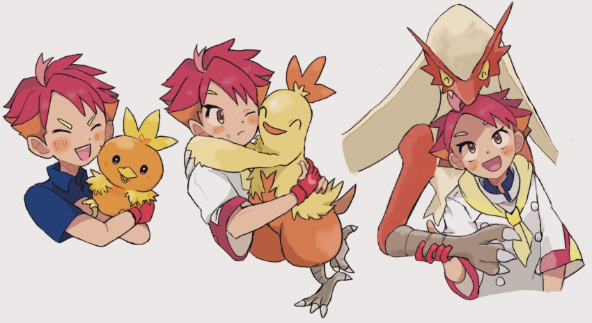 1boy blaziken blush closed_mouth combusken crispin_(pokemon) gloves highres holding jacket konoooc multicolored_hair one_eye_closed open_mouth pokemon pokemon_(creature) pokemon_sv redhead shirt short_hair smile torchic two-tone_hair white_shirt yellow_eyes