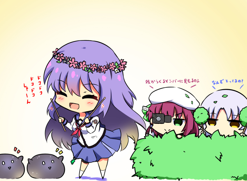 3girls :d ^_^ angel_beats! beret blue_skirt blush bush camera chibi chibi_only closed_eyes closed_mouth commentary_request drumsticks eyes_visible_through_hair green_eyes hair_between_eyes happy hat heaven_burns_red hiding highres holding holding_camera holding_drumsticks irie_miyuki jitome long_hair long_sleeves looking_at_another motion_lines multiple_girls nakamura_yuri neckerchief open_mouth pink_neckerchief purple_hair sekibaracheice shinda_sekai_sensen_uniform shirt simple_background skirt smile split_mouth standing tachibana_kanade translated very_long_hair video_camera white_hair white_headwear white_shirt yellow_background yellow_eyes