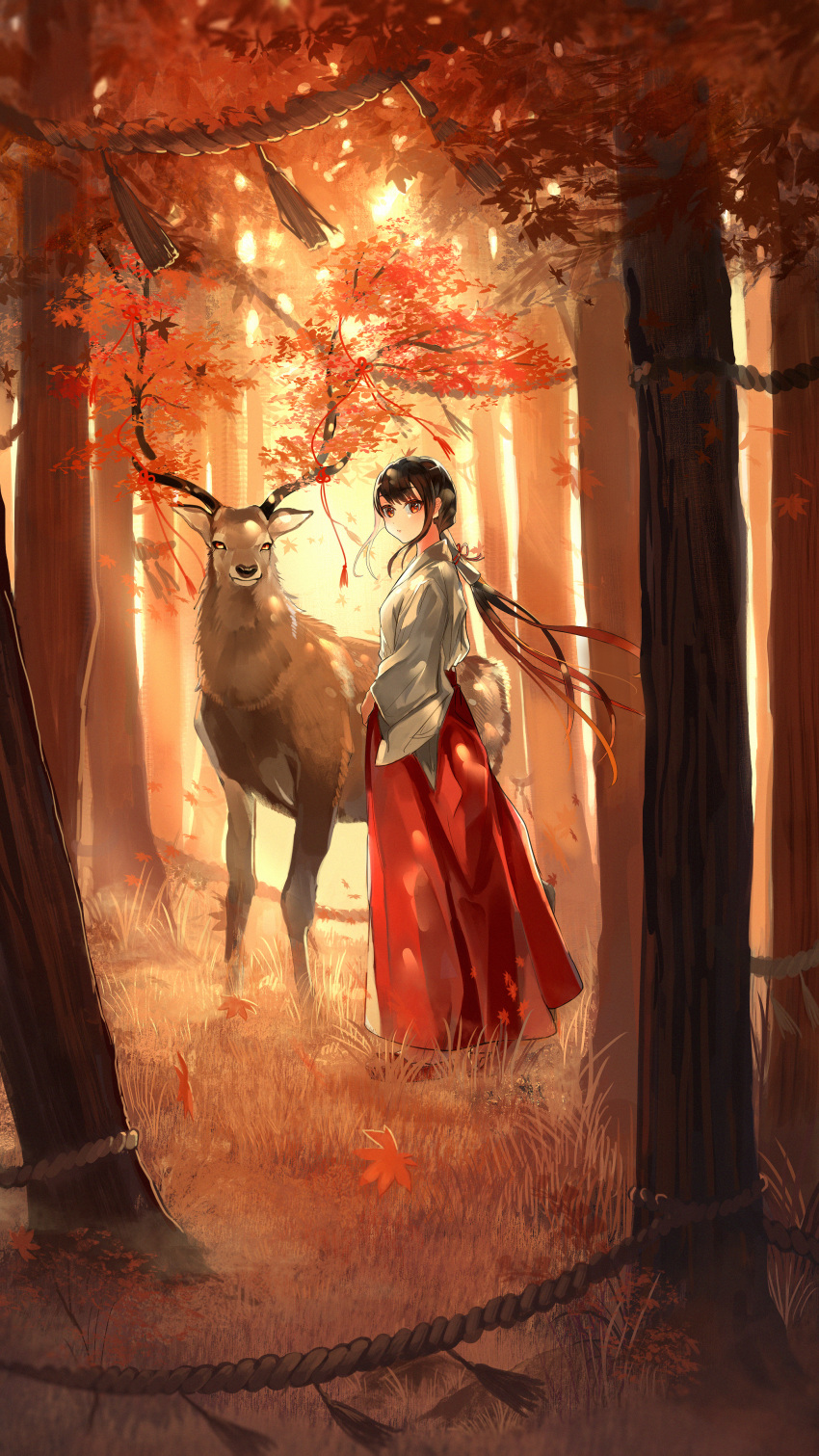1girl absurdres animal autumn_leaves black_hair breasts day deer floating_hair grass hakama highres horn_ornament horn_ribbon horns japanese_clothes kimono leaf long_hair long_sleeves looking_at_viewer looking_to_the_side low_ponytail maple_leaf miko nature original outdoors ponytail red_eyes red_footwear red_hakama red_ribbon red_theme redhead ribbon rope sandals scenery shimenawa sidelocks standing tassel toumin_(onemunemu99) very_long_hair wind zouri