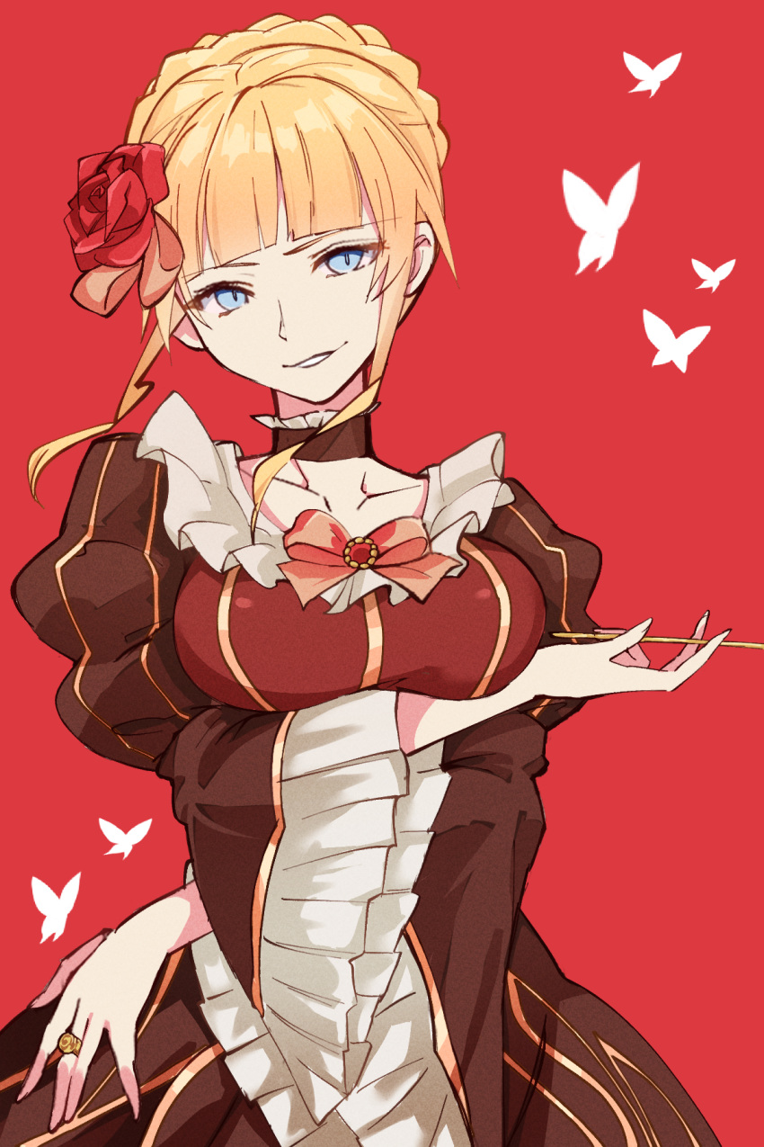 1girl 3105lave beatrice_(umineko) black_dress blonde_hair blue_eyes blunt_bangs bow braid breasts bug butterfly choker dress flower french_braid frills hair_flower hair_ornament highres holding holding_smoking_pipe jewelry large_breasts looking_at_viewer red_background red_bow red_flower ring sidelocks simple_background smile smoking_pipe solo umineko_no_naku_koro_ni