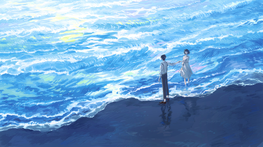 1boy 1girl beach black_hair caustics day dress facing_away highres hinao_(flowerrabbit2348) holding holding_hands light_particles loafers long_sleeves looking_at_another ocean original outdoors overalls reflective_floor shirt shoes short_hair standing waves white_dress white_shirt