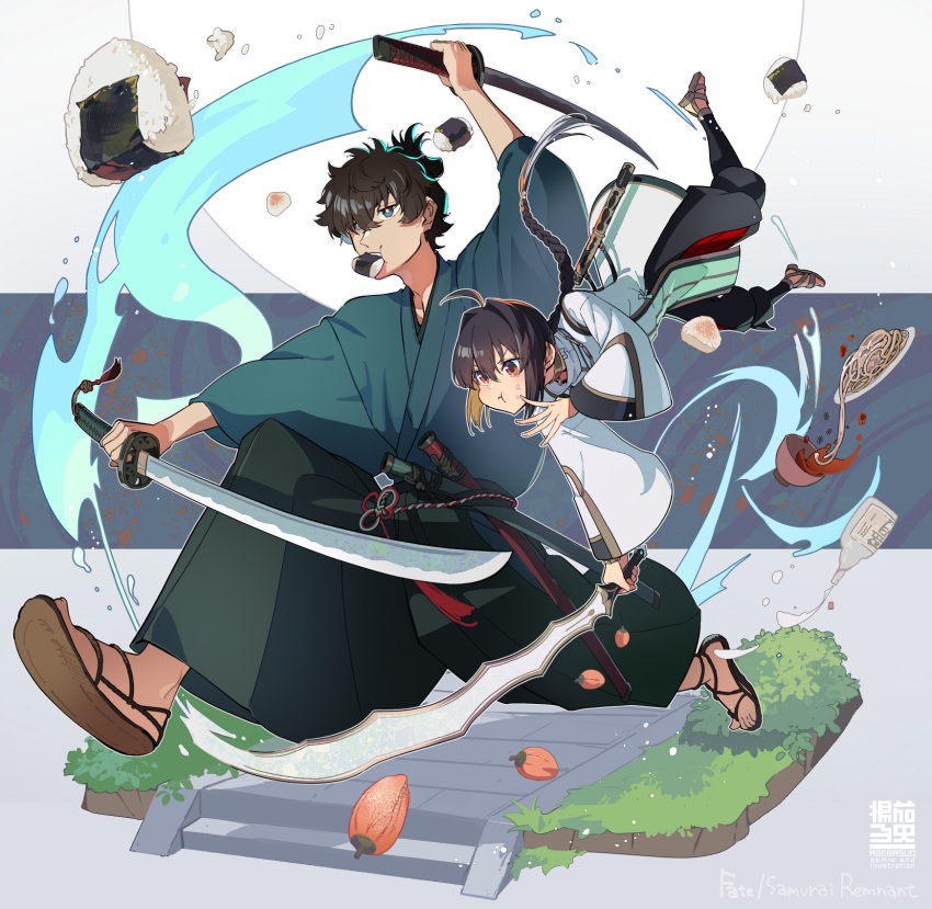 1boy 1other age_nasuo ahoge androgynous artist_name black_hakama blue_eyes blue_kimono bottle braid braided_ponytail brown_hair commentary_request copyright_name dual_wielding eating fate/samurai_remnant fate_(series) feet_above_head food food_in_mouth food_on_face food_request full_body grass grey_background hair_intakes hakama highres holding holding_sword holding_weapon japanese_clothes kariginu katana kimono long_hair long_sleeves miyamoto_iori_(fate) noodles onigiri orange_eyes running scabbard sheath short_hair stone_walkway sword tassel topknot waraji water weapon wide_sleeves yamato_takeru_(fate)