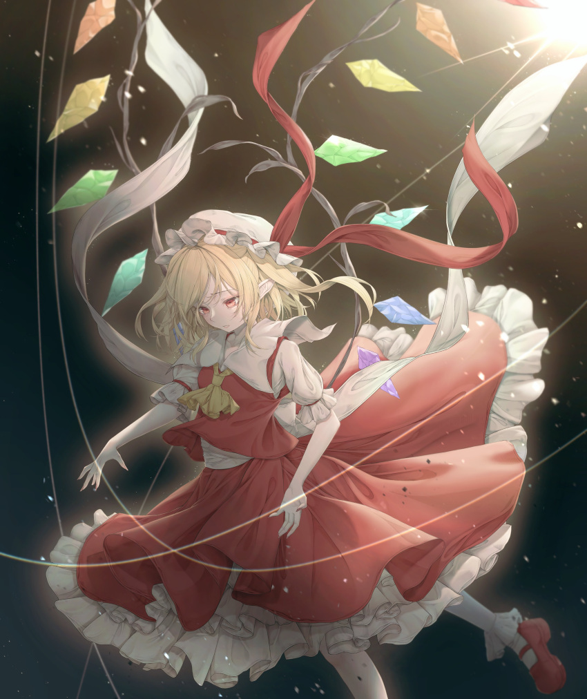 1girl absurdres ascot blonde_hair collared_shirt crystal fingernails flandre_scarlet foot_out_of_frame frilled_skirt frilled_sleeves frills hat highres long_fingernails long_hair mob_cap nail_polish one_side_up open_mouth pointy_ears puffy_short_sleeves puffy_sleeves red_eyes red_footwear red_nails red_skirt red_vest sharp_fingernails shirt shoes short_sleeves skirt socks solo touhou tqg_07 vest white_headwear white_shirt white_socks wings yellow_ascot