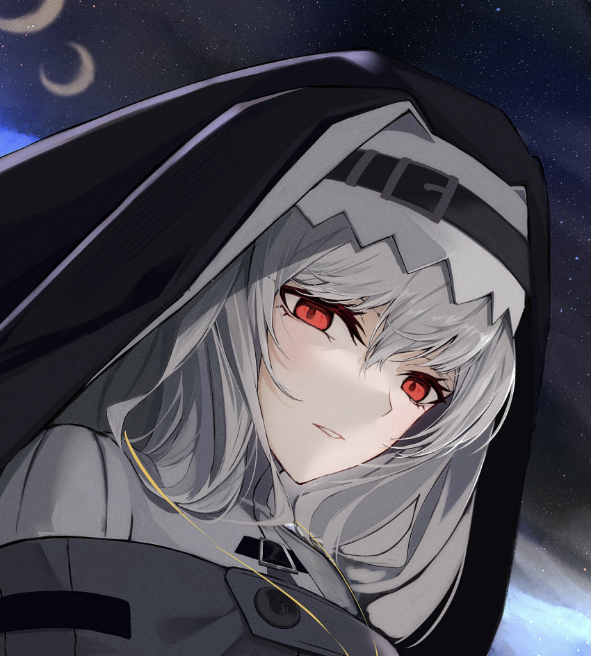 1girl arknights black_veil close-up commentary crescent_moon from_below grey_hair habit highres long_hair looking_at_viewer looking_down mo_komo_momo moon nun parted_lips red_eyes smile solo specter_(arknights) symbol-only_commentary veil