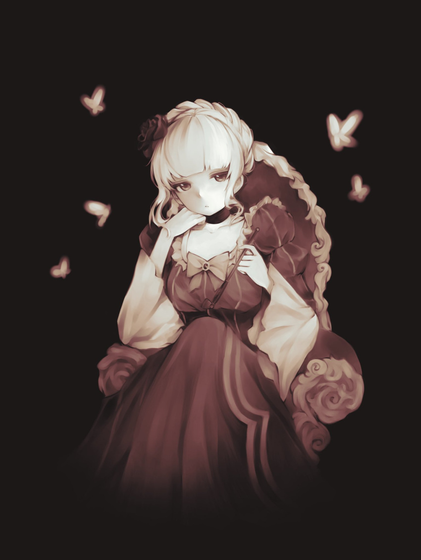 1girl beatrice_(umineko) black_background bow bowtie braid bug butterfly closed_mouth dress expressionless flower french_braid hair_flower hair_ornament hand_on_own_shoulder hgb2201 highres holding holding_smoking_pipe looking_at_viewer monochrome puffy_sleeves simple_background sitting smoking_pipe solo umineko_no_naku_koro_ni