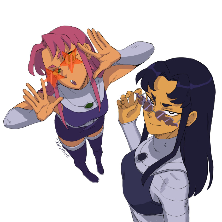 2girls adjusting_eyewear blackfire boots bracer breasts colored_skin commentary dc_comics english_commentary flame-shaped_eyewear full_body highres jenxd_d long_hair multiple_girls orange_skin purple_hair redhead siblings signature sisters skirt smile star-shaped_eyewear starfire sunglasses superhero teen_titans thigh_boots upper_body white_background