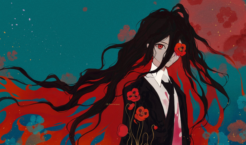 1boy artist_name black_hair black_jacket black_necktie blood blood_on_clothes blood_on_face blue_background collared_shirt colored_inner_hair commentary danganronpa_(series) danganronpa_2:_goodbye_despair expressionless flower flower_over_eye hair_between_eyes highres jacket kamukura_izuru liang_cun_rakuna long_hair looking_at_viewer male_focus messy_hair multicolored_hair necktie one_eye_covered poppy_(flower) red_background red_eyes red_flower redhead shirt simple_background solo suit symbol-only_commentary twitter_username two-tone_background upper_body very_long_hair white_shirt wing_collar