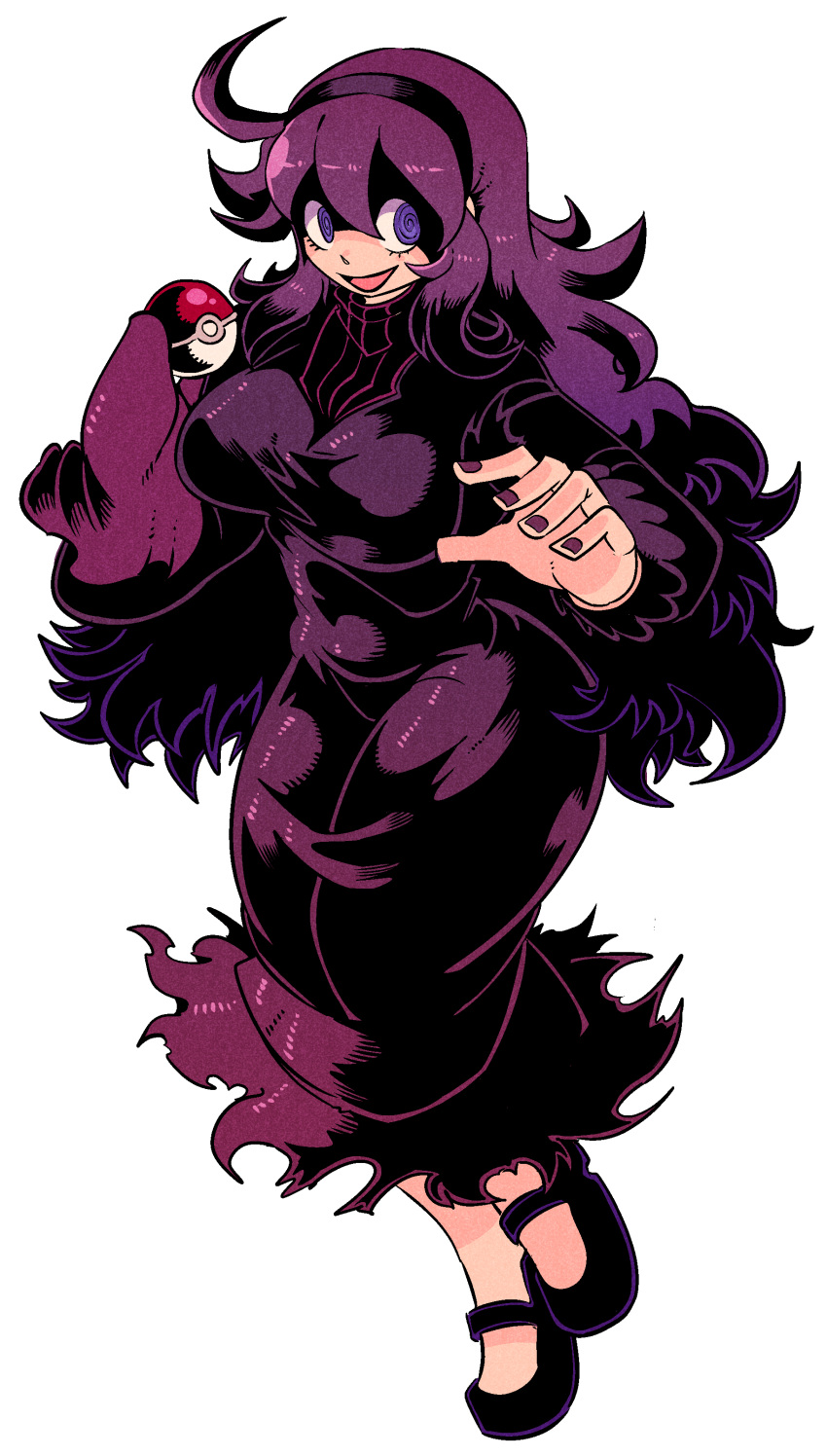 1girl @_@ absurdres ahoge black_footwear black_outline breasts check_copyright copyright_request curvy dress eyelashes film_grain fingernails frilled_sleeves frills from_side full_body hair_between_eyes hair_over_shoulder hairband hands_up hex_maniac_(pokemon) highres holding holding_poke_ball huge_ahoge impossible_clothes large_breasts long_hair long_sleeves mary_janes open_hand open_mouth outline parted_bangs partially_shaded_face poke_ball pokemon pokemon_xy purple_dress purple_hair purple_hairband purple_nails shoes sidelocks simple_background solo standing standing_on_one_leg tongue torn_clothes turtleneck vakodraws very_long_hair violet_eyes wavy_hair white_background wide_hips