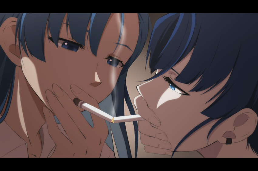 2girls ado_(utaite) blue_eyes blue_hair cigarette cigarette_kiss cloud_nine_inc collarbone collared_shirt commentary_request earclip earrings eye_contact highres holding holding_cigarette jewelry letterboxed long_hair looking_at_another merry_(ado) multiple_girls naima_(ado) nori_(norinori_yrl) portrait readymade_(ado) shirt smoke usseewa voice_actor_connection white_shirt yuri