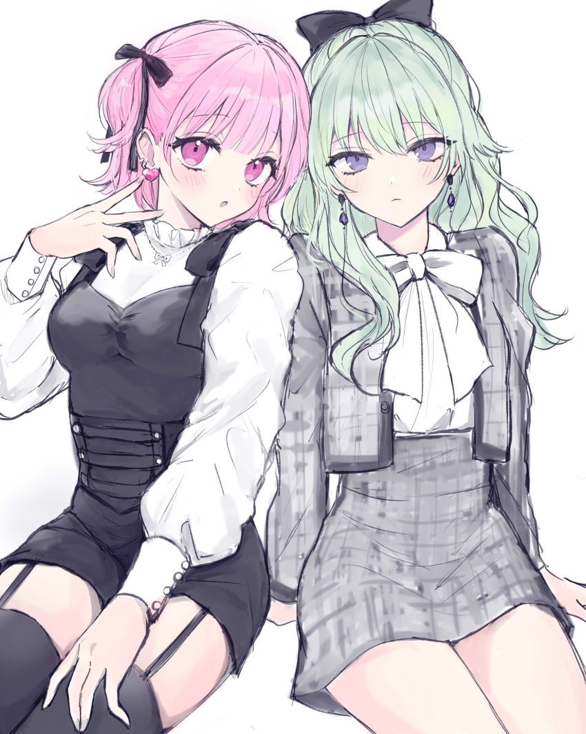 2girls :&lt; :o black_bow black_corset black_ribbon black_thighhighs blush bow bowtie buttoned_cuffs corset cowboy_shot cropped_jacket dot_nose earrings garter_straps green_hair grey_skirt hair_between_eyes hair_bow hair_ribbon hand_on_own_thigh hand_up head_tilt heart heart_earrings high-waist_skirt highres jacket jewelry kusanagi_nene legs_together long_bangs long_sleeves looking_at_viewer multiple_girls ootori_emu open_clothes open_jacket parted_lips pink_eyes pink_hair plaid plaid_jacket plaid_skirt pnyo_emc project_sekai ribbon shirt short_hair side-by-side sidelocks simple_background sitting skirt surgeon_cuffs thigh-highs thighs violet_eyes white_background white_bow white_shirt