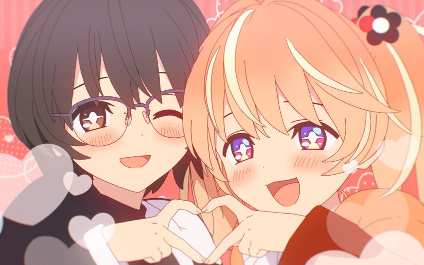 +_+ 2girls 3d bad_fanbox_id bad_id bad_source black_hair blender_(medium) blonde_hair blush bright_pupils cel_shading dot_nose flower glasses grey_hair hair_flower hair_ornament hand_up heart heart_hands heart_hands_duo long_sleeves looking_at_viewer medium_hair multicolored_eyes multicolored_hair multiple_girls one_eye_closed open_mouth orange_hair pink_eyes portrait red_background rin_(rinrinne) rinne_(rinrinne) rinrinne rinrinne39_(artist) semi-rimless_eyewear short_hair short_twintails siblings simple_background sisters smile streaked_hair twintails violet_eyes virtual_youtuber white_pupils