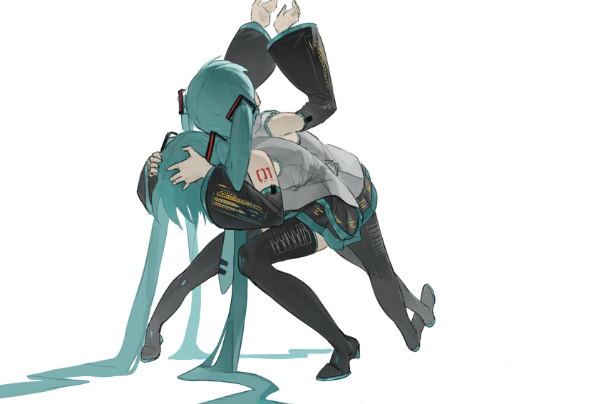 2girls absurdres aqua_hair aqua_necktie arms_up back-to-back bare_shoulders black_footwear black_skirt black_sleeves boots collared_shirt crossed_legs detached_sleeves dual_persona facing_down facing_up grey_shirt hair_ornament hands_on_own_head hands_up hatsune_miku highres leaning_back leaning_forward leaning_on_person long_hair lying miniskirt multiple_girls necktie on_back oneselt pleated_skirt shirt shoulder_tattoo simple_background skirt squatting standing tattoo thigh-highs thigh_boots tiptoes twintails untucked_shirt very_long_hair vocaloid white_background