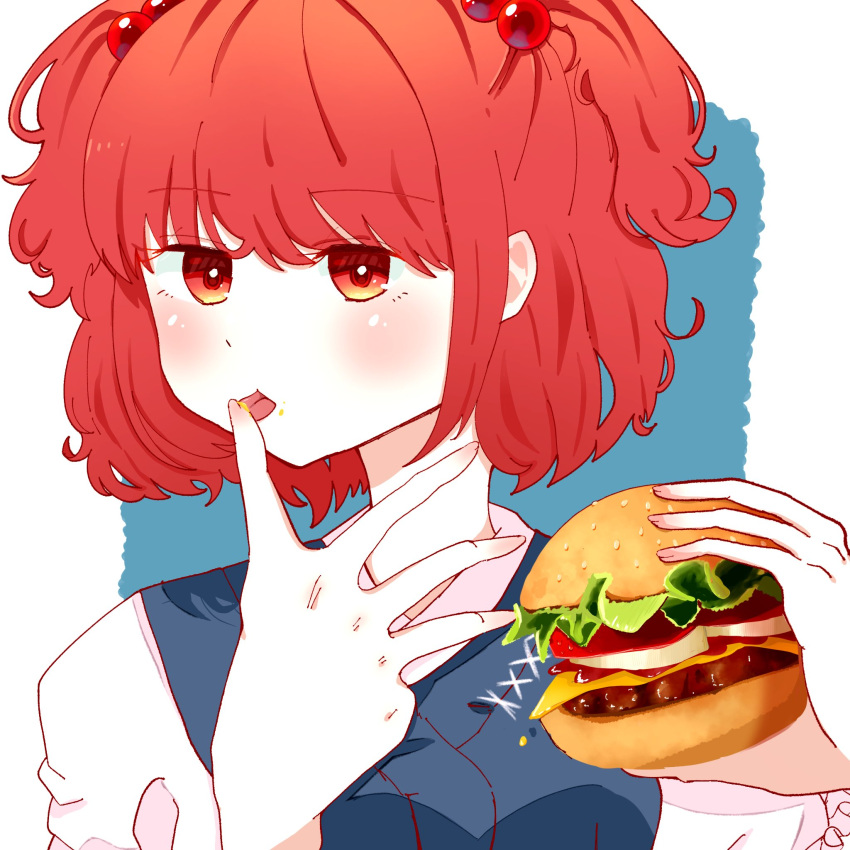 1girl blue_background blush burger commentary eik_s2 food hair_bobbles hair_ornament highres holding holding_food looking_at_viewer onozuka_komachi red_eyes redhead solo symbol-only_commentary tongue tongue_out touhou two_side_up upper_body