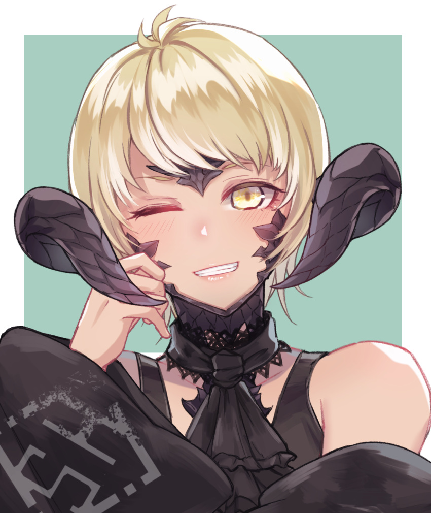 1girl ascot au_ra black_ascot black_dress blonde_hair blush detached_sleeves dragon_horns dress final_fantasy final_fantasy_xiv hand_on_own_chin highres horns lips looking_at_viewer one_eye_closed scales shiroesa short_hair simple_background solo teeth upper_body warrior_of_light_(ff14) yellow_eyes