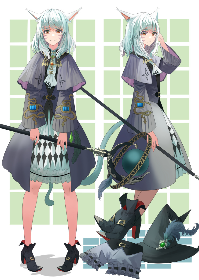 1girl animal_ears arm_behind_head ascot black_capelet black_mage black_robe blue_ascot blue_dress blue_hair boots capelet cat_ears cat_tail closed_mouth dress eyebrows_hidden_by_hair final_fantasy final_fantasy_xiv flat_chest frilled_dress frills from_side full_body grey_shorts hat high_heel_boots high_heels highres holding holding_staff jewelry looking_at_viewer mage_staff medium_hair miqo'te multiple_views necklace ojiki orange_eyes pointy_footwear robe shorts simple_background smile staff tail wide_sleeves witch_hat