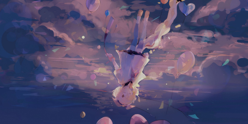 1girl ankle_socks balloon blonde_hair blue_sky bow closed_eyes closed_mouth clouds cloudy_sky commentary confetti dated_commentary expressionless falling flower frilled_shirt_collar frills full_body hair_bow hair_ornament hairclip heart_balloon highres kagamine_rin lobelia_(saclia) neckerchief pink_neckerchief puffy_short_sleeves puffy_sleeves shirt shoes short_hair short_shorts short_sleeves shorts sky socks solo upside-down vocaloid white_bow white_shirt white_shorts white_sleeves white_socks yellow_flower