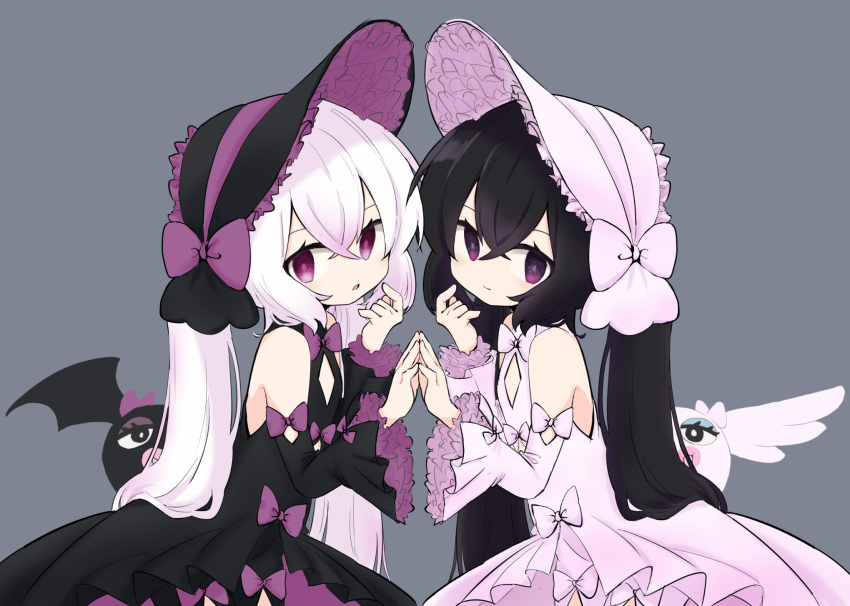 2girls 7takada :o angel_and_devil angel_wings bare_shoulders bat_wings black_dress black_hair black_headwear bonnet bow cleavage_cutout closed_mouth clothing_cutout contrast cowboy_shot creature crossed_bangs detached_sleeves dress dual_persona flat_chest frilled_sleeves frills from_side grey_background hands_up hat hat_bow highres lolita_fashion long_hair long_sleeves looking_at_viewer looking_to_the_side multiple_girls otomachi_una purple_bow red_eyes sidelocks symmetrical_pose twintails very_long_hair violet_eyes vocaloid white_bow white_dress white_hair white_headwear wide_sleeves wings
