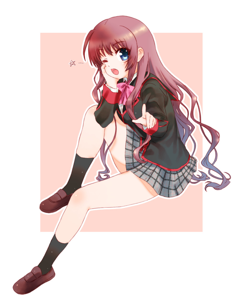 1girl a-chan_senpai black_jacket black_socks blue_eyes bow brown_footwear brown_hair commentary_request from_side full_body grey_skirt hand_on_own_cheek hand_on_own_face highres index_finger_raised jacket knee_up kneehighs little_busters! little_busters!_school_uniform loafers long_hair long_sleeves looking_at_viewer miniskirt natsuoto_rito one_eye_closed open_mouth pink_background pink_bow plaid plaid_skirt pointing pointing_at_viewer school_uniform shoes simple_background sitting skirt socks solo star_(symbol) two-tone_background very_long_hair wavy_hair white_background