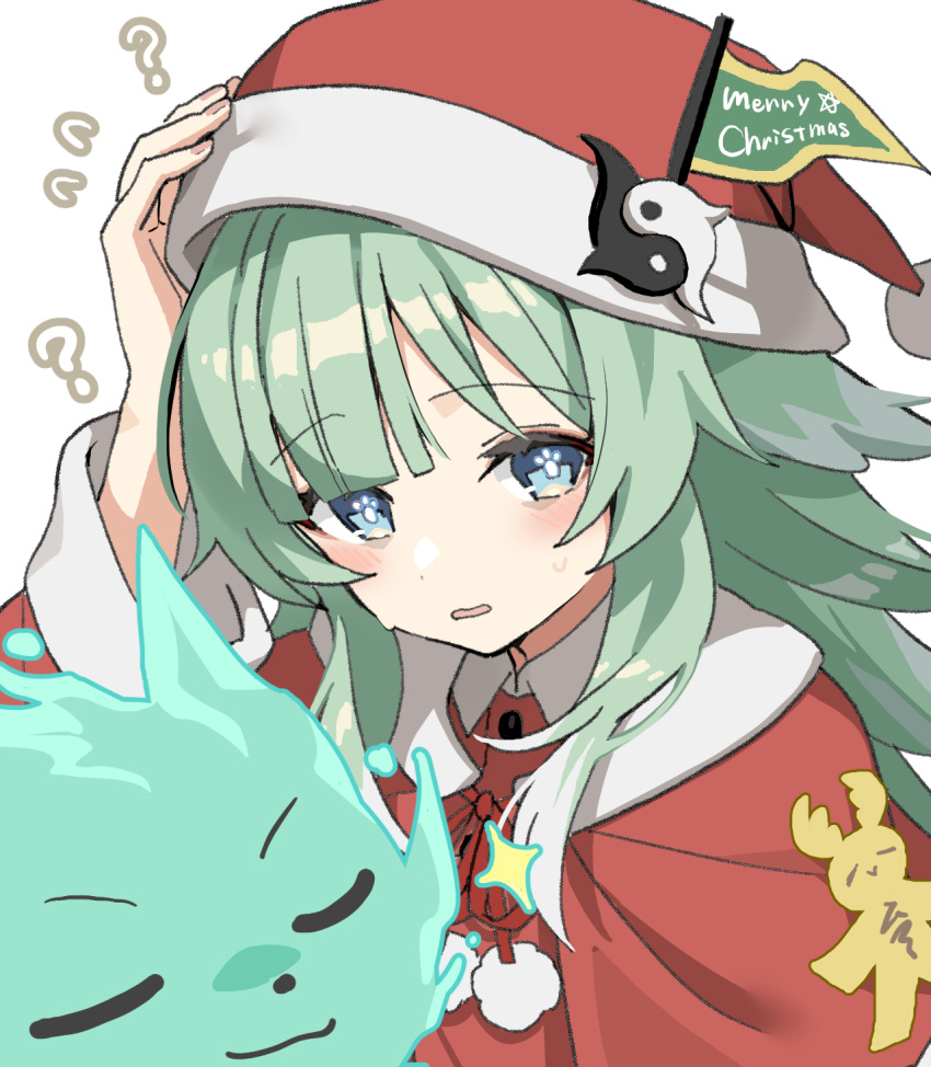 1girl ? arm_up blue_eyes blush capelet christmas close-up confused creature fingernails flying_sweatdrops fox_girl green_hair hand_on_own_head hat hat_ornament highres honkai:_star_rail honkai_(series) huohuo_(honkai:_star_rail) long_hair long_sleeves looking_at_viewer merry_christmas nage_(sacosui_ng) neck_ribbon parted_lips pom_pom_(clothes) portrait red_capelet red_headwear red_ribbon ribbon santa_hat sidelocks simple_background solo sparkle spirit sweatdrop tail_(honkai:_star_rail) white_background yin_yang