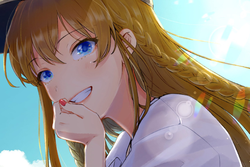 1girl black_headwear blonde_hair blue_eyes blue_sky braid clouds commentary_request day eyelashes grin hand_on_own_cheek hand_on_own_face hat highres idolmaster idolmaster_million_live! light_blush long_hair looking_at_viewer nail_polish outdoors red_lips red_nails shirt sidelocks single_braid sky smile solo straight_hair sunlight tokoro_megumi upper_body white_shirt white_sleeves witoi_(roa)
