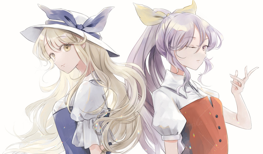 2girls blonde_hair buttons collared_shirt dress hair_ribbon hat hat_ribbon high_ponytail highres long_hair multiple_girls one_eye_closed ponytail poteimo_(poteimo622) puffy_short_sleeves puffy_sleeves purple_dress purple_hair purple_ribbon red_dress ribbon shirt short_sleeves siblings simple_background sisters sun_hat touhou upper_body violet_eyes watatsuki_no_toyohime watatsuki_no_yorihime white_background white_headwear white_shirt yellow_eyes yellow_ribbon