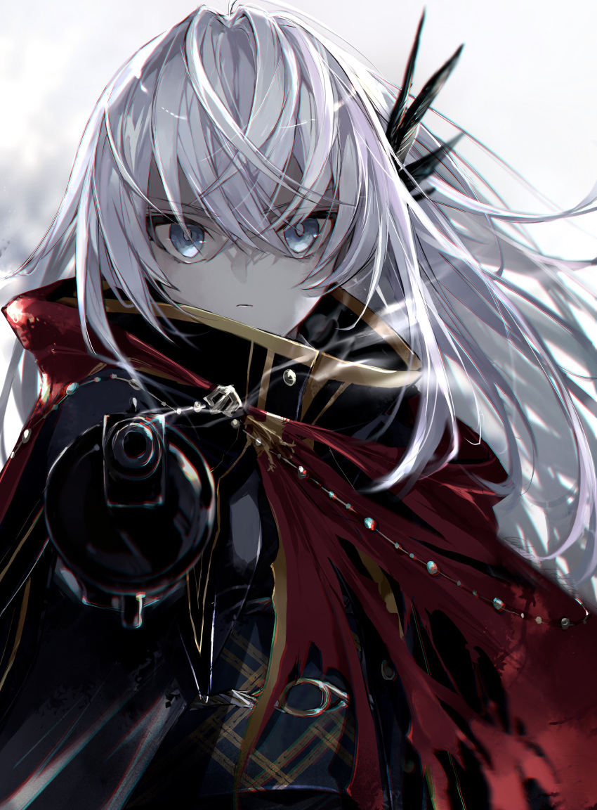 1girl absurdres black_cloak blue_eyes breasts cloak crossed_bangs fate/grand_order fate_(series) feather_hair_ornament feathers gun hair_between_eyes hair_ornament highres kino_kokko red_cloak saika_magoichi_(fate) sidelocks small_breasts solo weapon white_hair