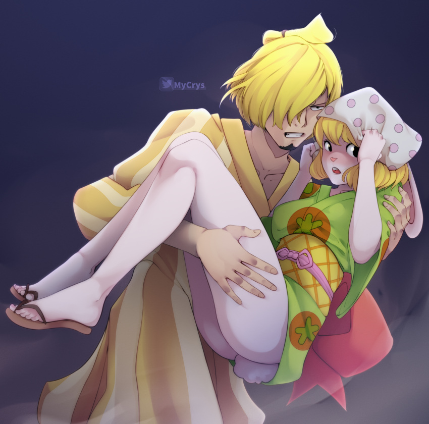 1boy 1girl animal_ears artist_name black_eyes blonde_hair blush carrot_(one_piece) carrying clenched_teeth commentary curly_eyebrows english_commentary facial_hair goatee hair_over_one_eye head_scarf highres japanese_clothes kimono mycrys one_eye_covered one_piece open_mouth princess_carry rabbit_ears rabbit_girl rabbit_tail sanji_(one_piece) short_hair tail teeth topknot twitter_logo twitter_username yellow_kimono