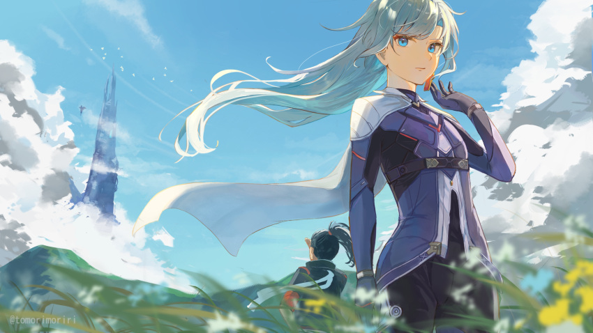 1boy 1girl a_(xenoblade) armored_bodysuit black_hair blue_eyes cape closed_mouth collared_cape earrings expressionless gloves grey_cape hair_between_eyes hair_intakes highres jewelry long_hair looking_at_viewer matthew_(xenoblade) messy_hair ponytail single_earring solo tomorimoriri xenoblade_chronicles_(series) xenoblade_chronicles_3 xenoblade_chronicles_3:_future_redeemed