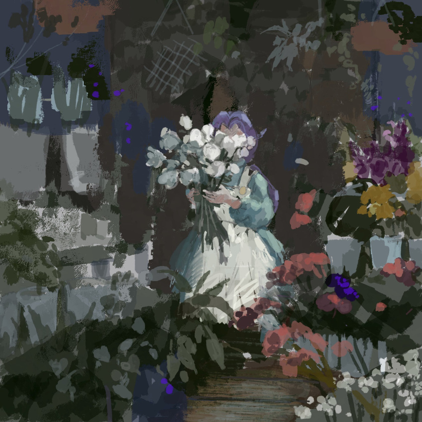 1girl apron blue_dress bouquet commentary covered_face curtained_hair dress facing_viewer flora_(moon) flower flower_pot flower_shop hanging_plant highres holding holding_bouquet indoors long_hair long_sleeves moon_(love-de-lic) plant potted_plant purple_flower purple_hair red_flower sakusakufugashi shop solo standing white_apron white_flower wide_shot yellow_flower