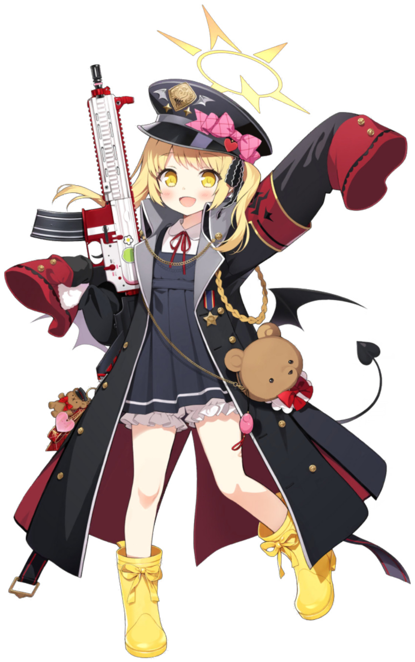 1girl arm_up armband assault_rifle blonde_hair blue_archive blush boots byulzzi demon_tail full_body gun h&amp;k_hk416 halo hat highres ibuki_(blue_archive) jacket long_sleeves looking_at_viewer medium_hair military_hat official_art rifle school_uniform solo tail transparent_background weapon wings yellow_eyes