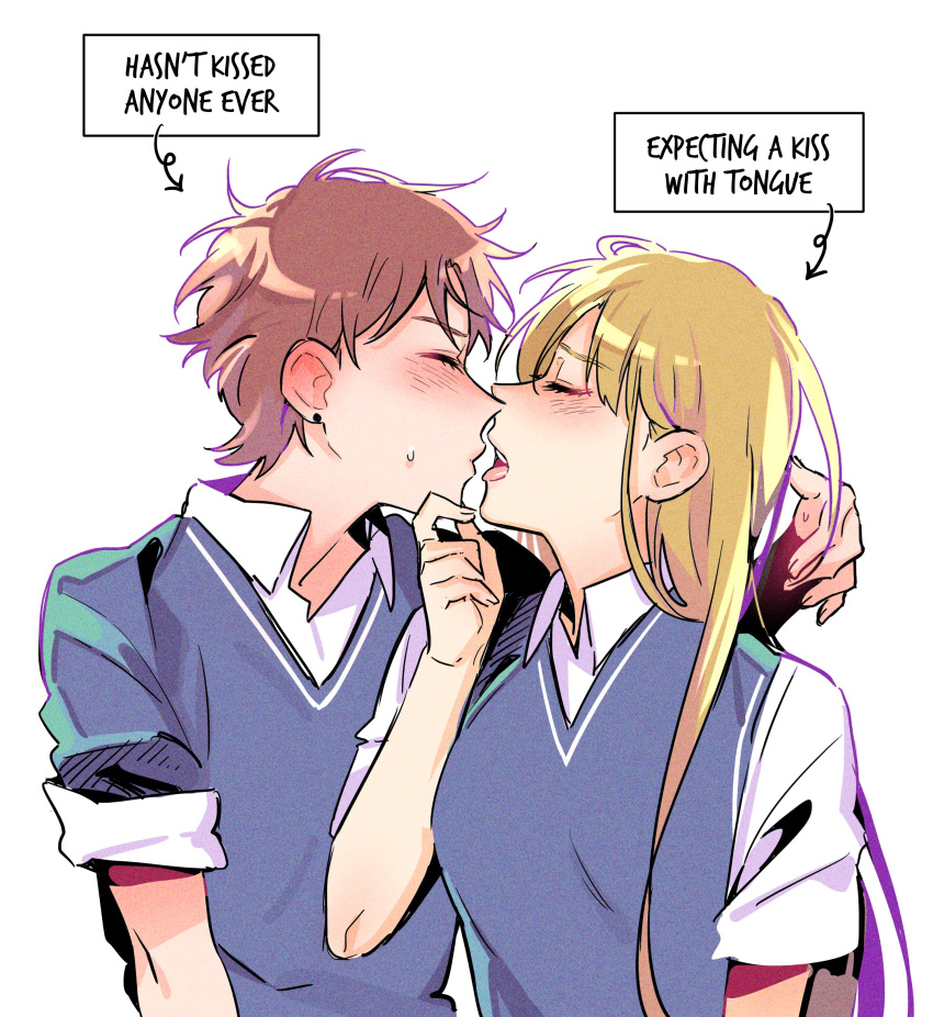 2girls absurdres arrow_(symbol) blonde_hair blue_sweater blue_sweater_vest blush closed_eyes collared_shirt curryuku english_text hanna_schulerin hasn't_kissed_anyone_ever_vs_expecting_a_kiss_with_tongue_(meme) highres imminent_kiss long_hair meme multiple_girls not_so_shoujo_love_story profile rei_(not_so_shoujo_love_story) school_uniform shirt short_sleeves simple_background sleeves_rolled_up sweatdrop sweater sweater_vest upper_body white_background white_shirt yuri