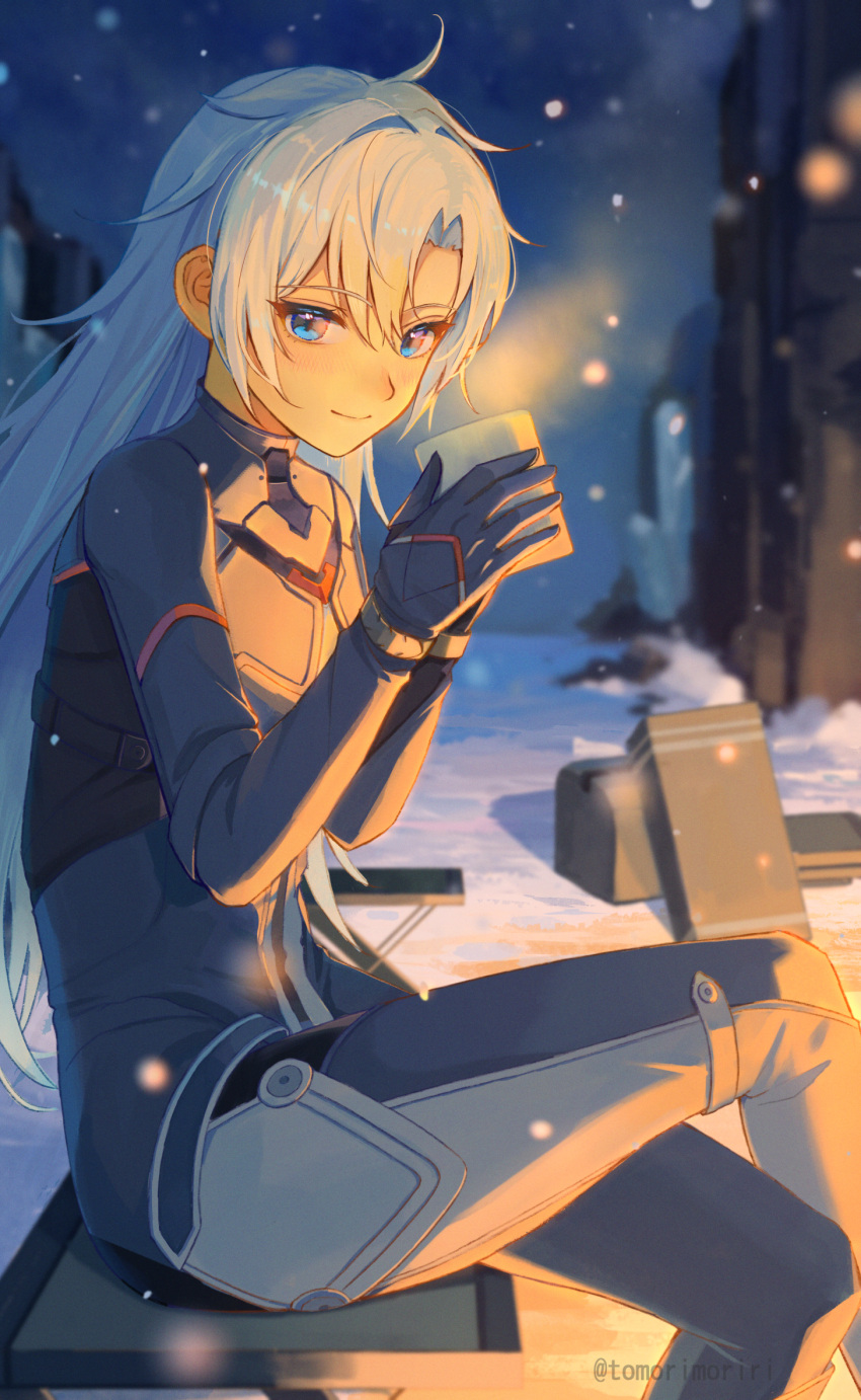 1girl a_(xenoblade) blue_eyes closed_mouth coffee_mug crossed_legs cup earrings hair_between_eyes hair_intakes highres holding holding_cup jewelry long_hair looking_at_viewer messy_hair mug outdoors single_earring sitting snow snowing solo steam tomorimoriri very_long_hair winter xenoblade_chronicles_(series) xenoblade_chronicles_3 xenoblade_chronicles_3:_future_redeemed