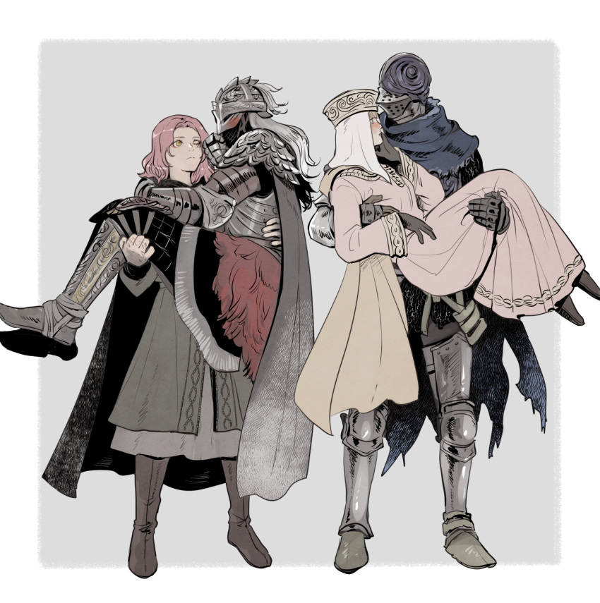 2boys 2girls armor armored_boots black_cape blonde_hair blue_scarf blush boots breasts brown_footwear cape carrying character_request check_character coat commentary_request covered_face dress elden_ring embarrassed facial_mark facing_to_the_side full_armor full_body gauntlets gloves grey_background grey_cape grey_coat grey_dress grey_gloves grey_pants hand_on_another's_back hand_on_another's_shoulder hand_on_own_face hat height_difference helmet highres kero_1110 knee_boots long_hair looking_at_another melina_(elden_ring) multiple_boys multiple_girls one_eye_closed outside_border pants pauldrons pink_hair plate_armor princess_carry profile roundtable_knight_vyke scarf shoulder_armor simple_background standing tarnished_(elden_ring) thigh_boots veil white_dress white_hair
