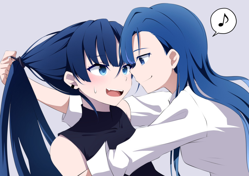 2girls ado_(utaite) black_shirt blue_eyes blue_hair breasts closed_mouth cloud_nine_inc collared_shirt commentary_request earclip earrings eye_contact fang grey_background hair_between_eyes highres jewelry leaning_forward long_hair looking_at_another medium_breasts merry_(ado) multiple_girls musical_note naima_(ado) nori_(norinori_yrl) open_mouth ponytail readymade_(ado) removing_hair_tie shirt sleeveless sleeveless_shirt smile spoken_musical_note teeth untying_hair upper_body upper_teeth_only usseewa voice_actor_connection white_shirt yuri