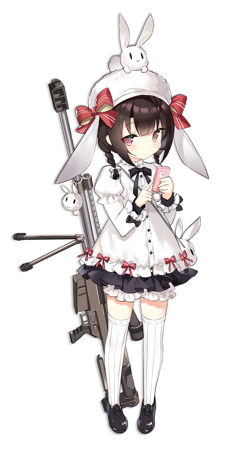 absurdres alternate_hairstyle animal_on_head anti-materiel_rifle black_hair bloomers closed_mouth commentary_request full_body girls_frontline guanlingzhi_(crazy6) gun hat highres looking_at_viewer m99_(girls'_frontline) medium_hair official_alternate_costume on_head rabbit red_eyes ribbon rifle simple_background sniper_rifle standing thigh-highs weapon white_background
