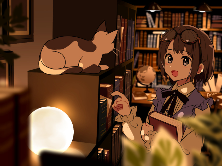 1girl :d animal arisa_(aren) artist_name black_eyes black_ribbon blurry blush book bookshelf brown_cat brown_hair buttons cat collared_dress dress eyewear_on_head frilled_dress frilled_sleeves frills glasses globe hanging_light holding holding_book indoors lamp long_sleeves looking_at_animal neck_ribbon open_mouth original picture_frame plant potted_plant ribbon round_eyewear short_hair signature smile solo white_cat white_dress