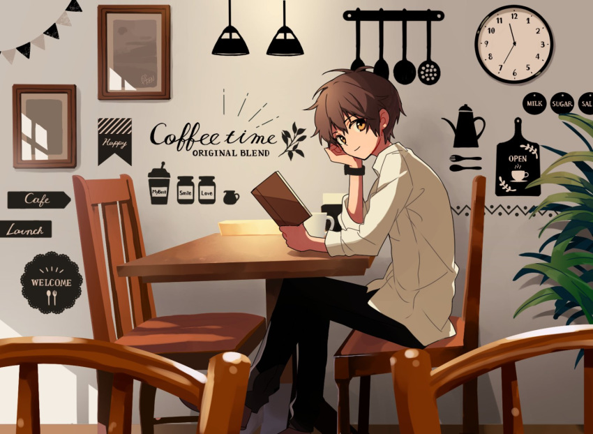 1boy arisa_(aren) black_eyes black_pants brown_hair cafe chair clock closed_mouth collared_shirt commentary crossed_legs cup dial earrings foot_out_of_frame hand_on_own_face head_rest highres holding indoors jewelry light_smile long_sleeves looking_at_viewer male_focus menu on_chair orange_eyes original pants picture_frame plant potted_plant shirt short_hair sitting sleeves_pushed_up solo sunlight table turning_head watch watch white_shirt wooden_chair wooden_table