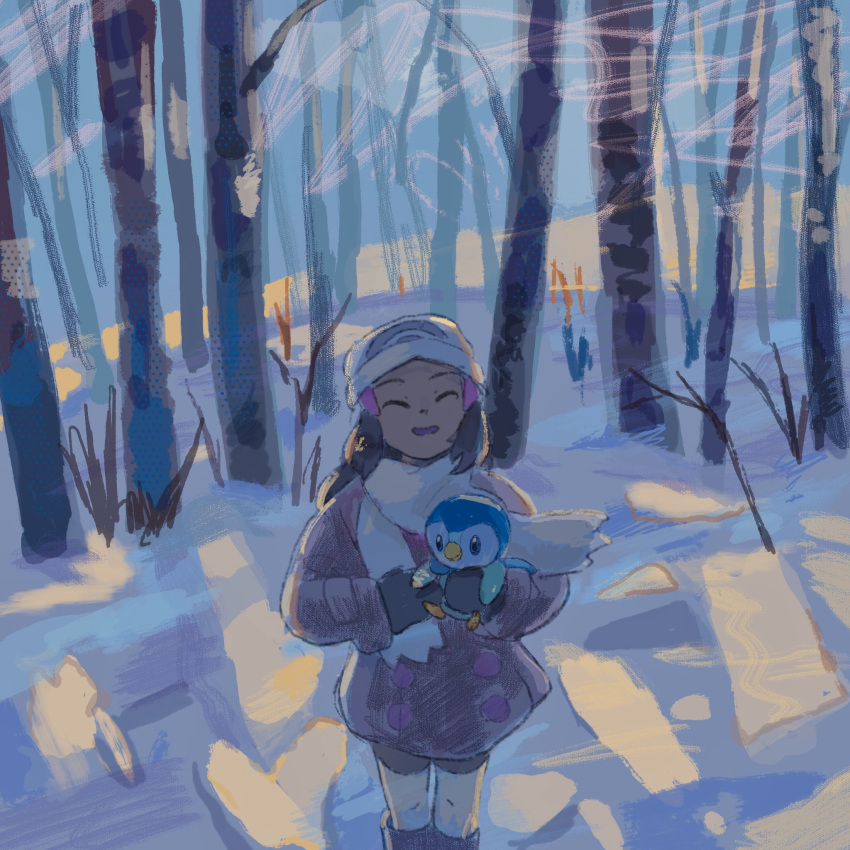 1girl backlighting beanie bike_shorts black_hair black_mittens boots coat dappled_sunlight day facing_viewer feet_out_of_frame forest hair_ornament hairclip hat highres hikari_(pokemon) holding holding_pokemon knee_boots long_hair long_sleeves mittens nature open_mouth outdoors piplup pokemon pokemon_(creature) pokemon_dppt purple_coat sakusakufugashi scarf smile snow solo standing sunlight white_headwear white_scarf winter winter_clothes winter_coat
