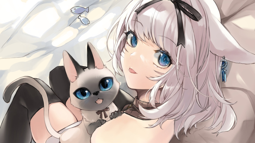 1girl animal animal_ears black_ribbon black_thighhighs blue_eyes cat cat_ears commentary_request earrings eyebrows_hidden_by_hair final_fantasy final_fantasy_xiv from_behind grey_hair highres holding holding_animal holding_cat imitating jewelry long_hair looking_at_viewer looking_back medium_hair meme_attire miqo'te nanase_kokono on_bed ribbon skindentation slit_pupils solo thigh-highs tongue tongue_out virgin_killer_sweater warrior_of_light_(ff14)