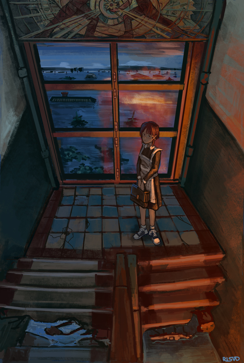 absurdres apron bag brown_hair clouds flood hair_ornament hairclip highres holding holding_bag indoors iwakura_lain looking_at_viewer maid maid_apron night night_sky rlsvd russia serial_experiments_lain short_hair sky stairs tagme window x_hair_ornament