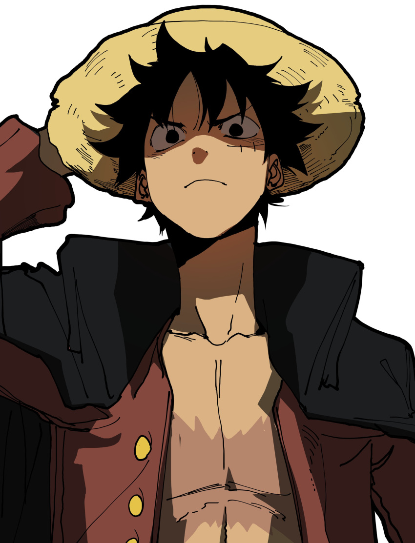 1boy absurdres angry black_coat black_eyes black_hair burn_scar buttons coat collarbone cross_scar from_below hand_on_headwear hand_up hat high_collar highres isaacchief300 long_neck long_sleeves looking_at_viewer looking_down male_focus monkey_d._luffy one_piece open_clothes red_shirt scar scar_on_chest scar_on_face shaded_face shirt short_hair simple_background solo straight-on straw_hat toned toned_male upper_body white_background