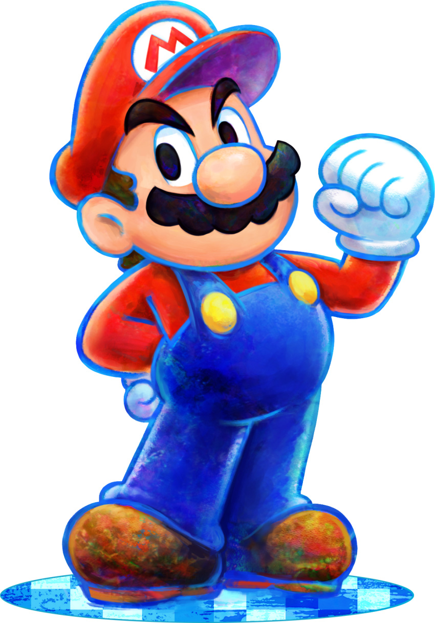 1boy artist_request big_nose black_eyes blue_outline blue_overalls brown_footwear brown_hair buttons cabbie_hat clenched_hands facial_hair full_body gloves hand_on_own_hip hand_up hat highres long_sleeves looking_at_viewer male_focus mario mario_&amp;_luigi:_dream_team mario_&amp;_luigi_rpg mustache official_art outline overalls red_headwear red_shirt red_sleeves shirt shoes short_hair solo super_mario_bros. thick_eyebrows tile_floor tiles transparent_background very_short_hair white_gloves